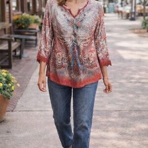 Cato Vintage Red and Gray Paisley Top